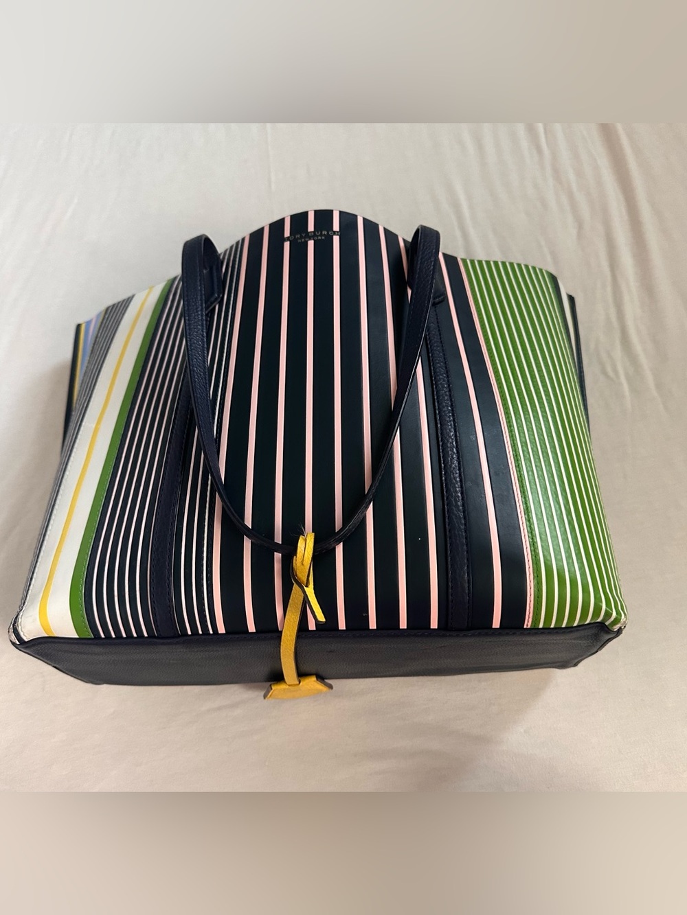 Tory Burch Navy Striped Tote with Green & Yellow Accents